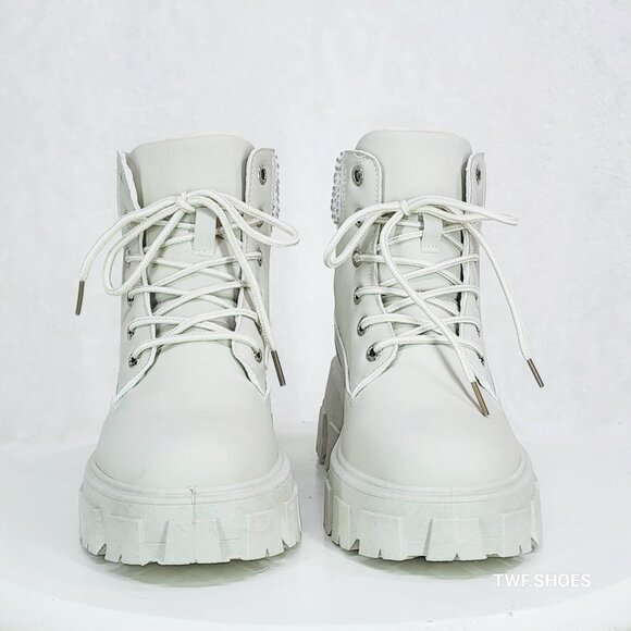Teck Off White Combat Ankle Work Boots With Rhinestone Cuffs New - Picture 9 of 10